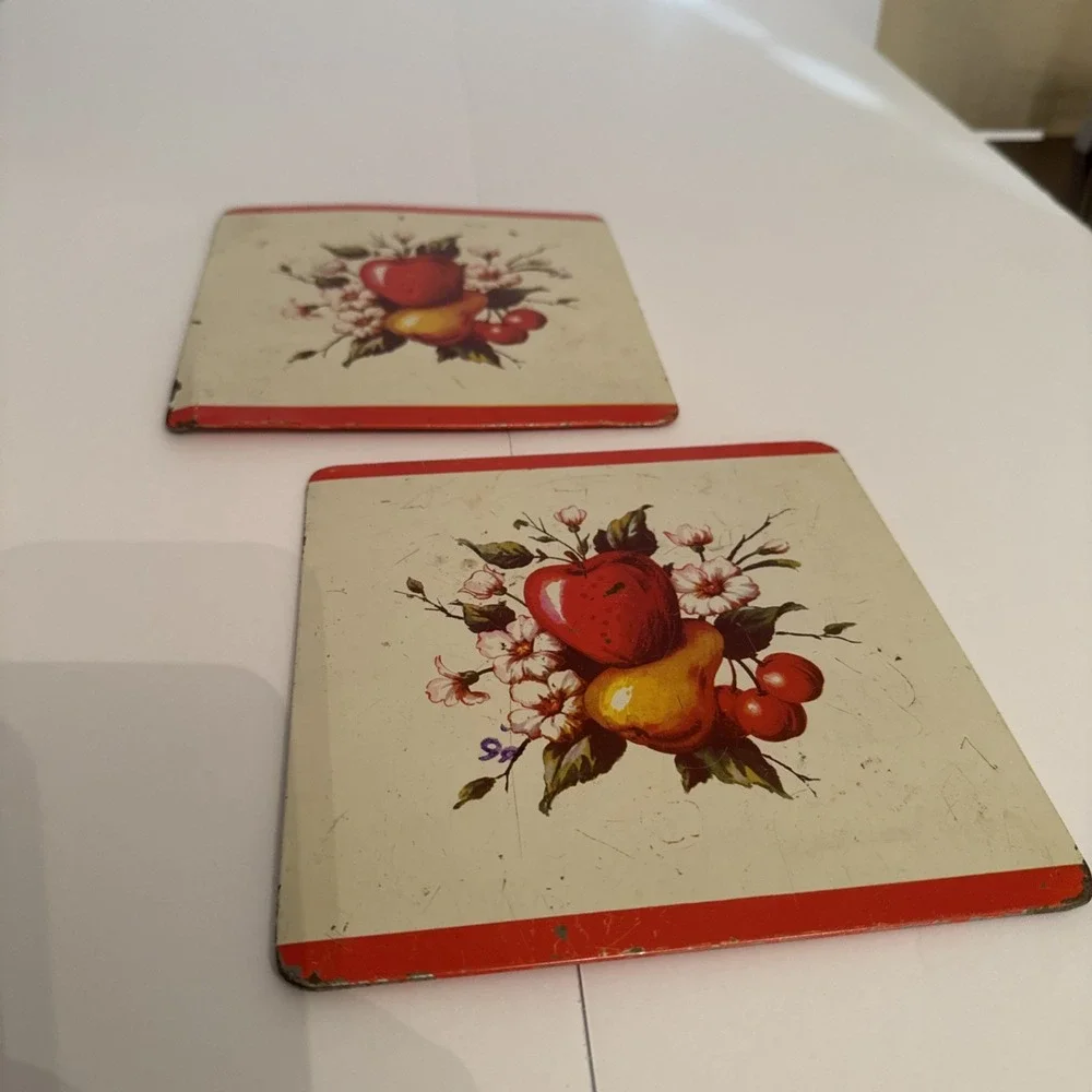 Vintage Pro-Tex Hot Plate Stove Mats Set of 2 Fruit Motif Red Cream Metal Trivet